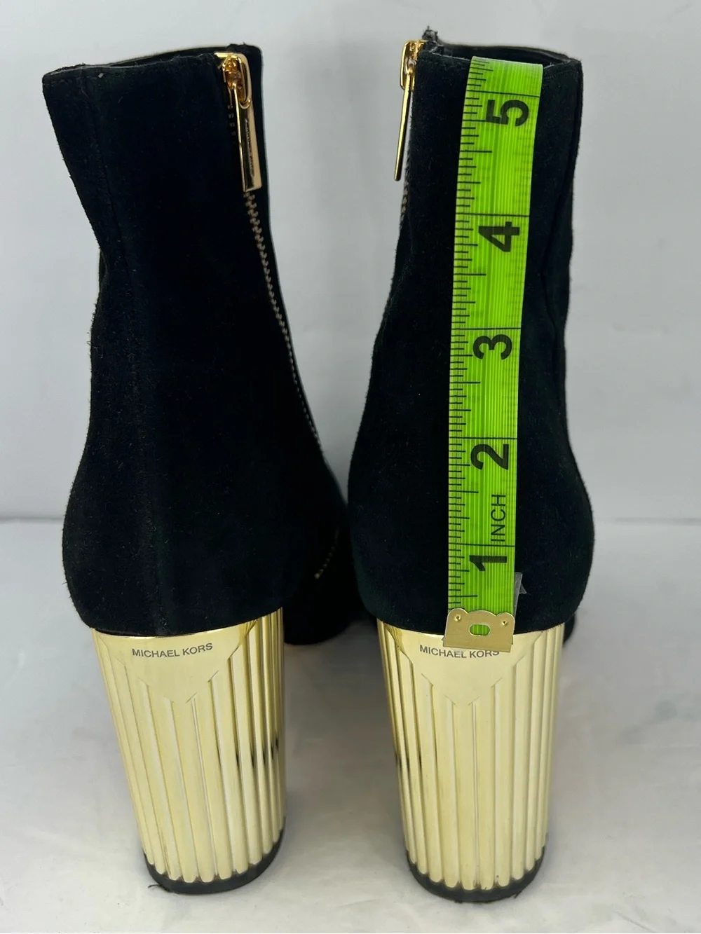 MICHAEL KORS PORTER BOOTIE ANKLE BOOTS, BLACK SUEDE LEATHER, GOLD HEELS, SIZE 8M